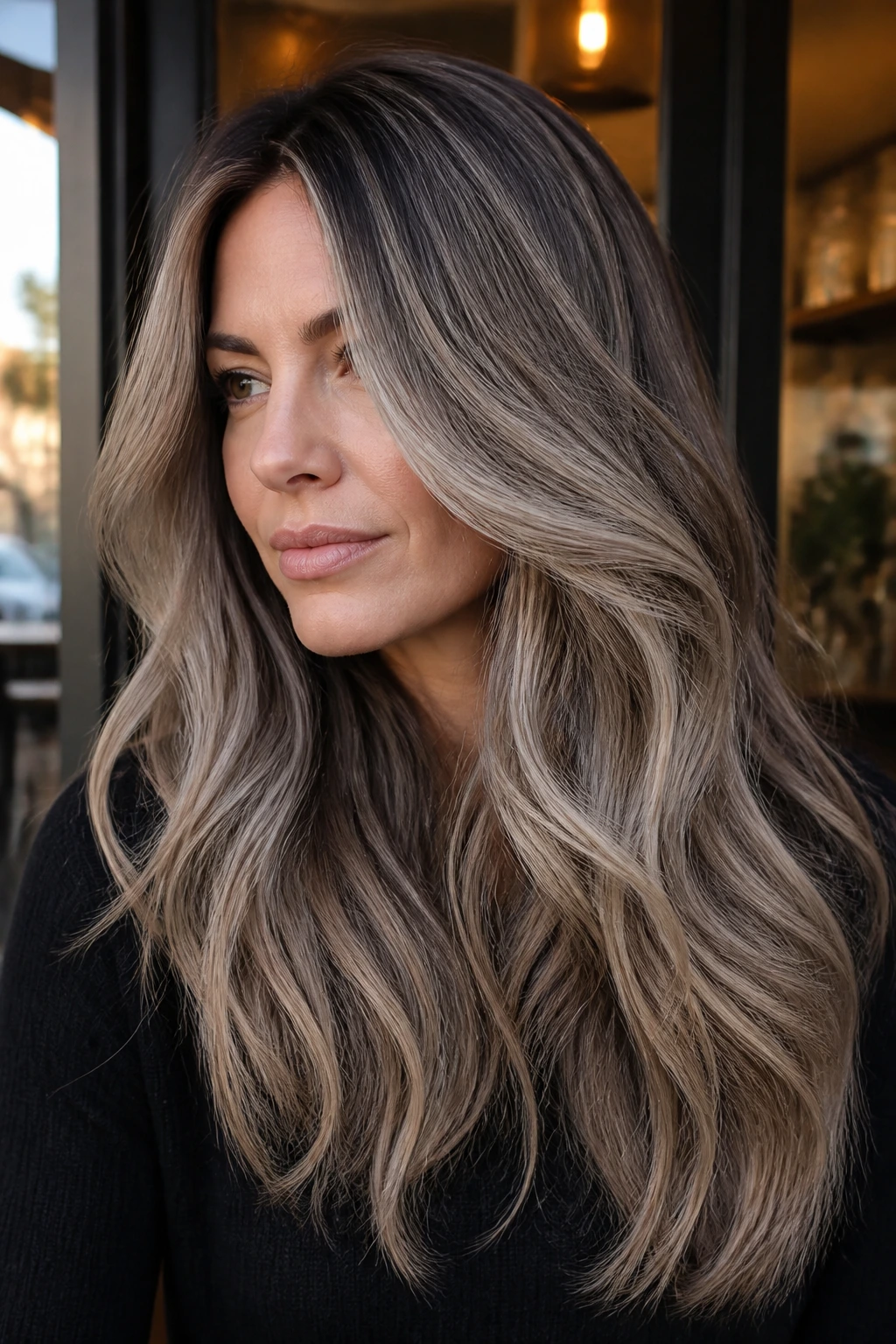 Close-up portrait of a real woman showcasing Smoky Silver Bronde on thick hair.