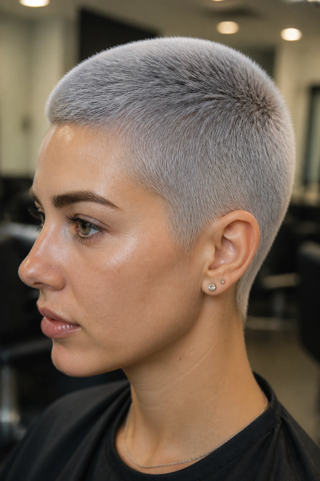 Close-up of smoky silver buzz cut on real person in a barber-salon setting