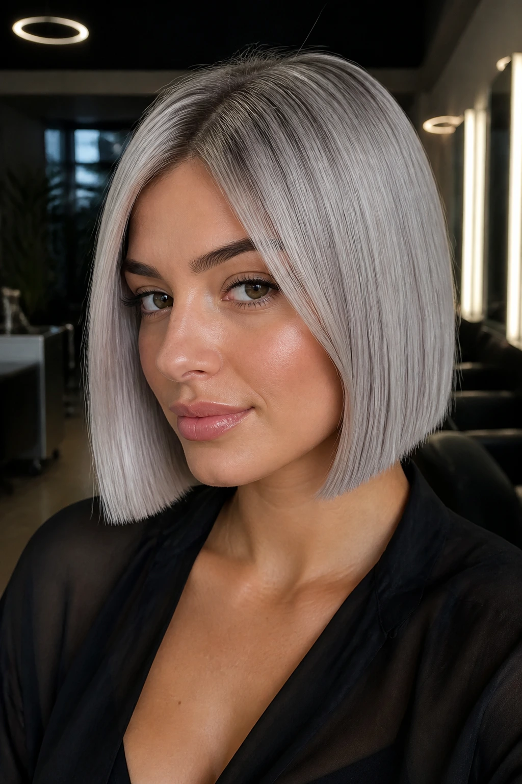 Portrait of a person with smoky silver platinum bob in a sleek salon