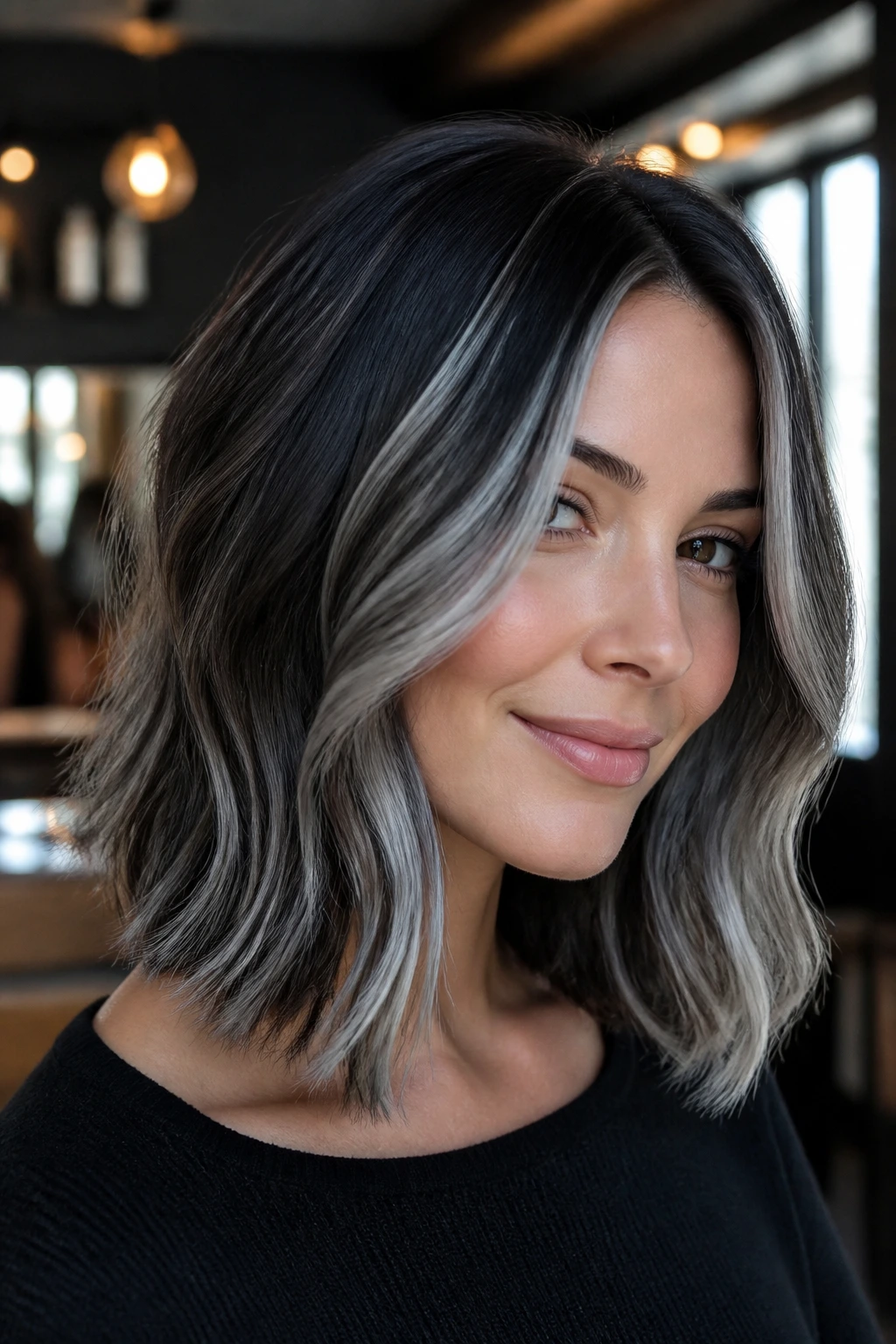 Real person with smoky silver ribbons in shoulder-length hair