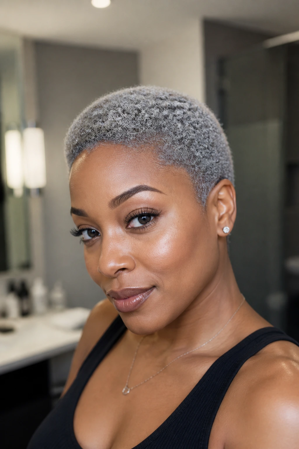 Close-up portrait of person with smoky silver short TWA