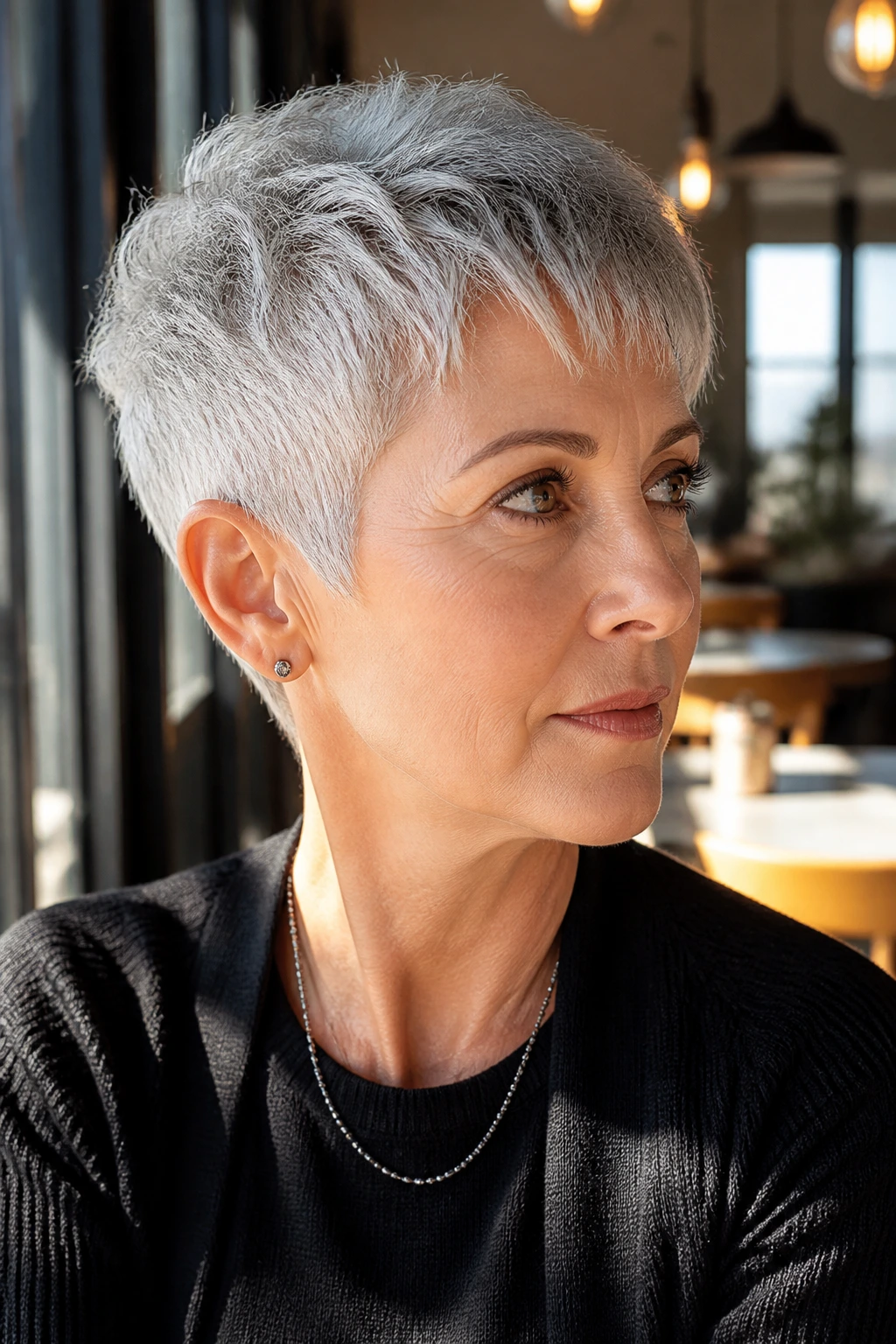 Close-up portrait of a woman with a steel-gray pixie haircut
