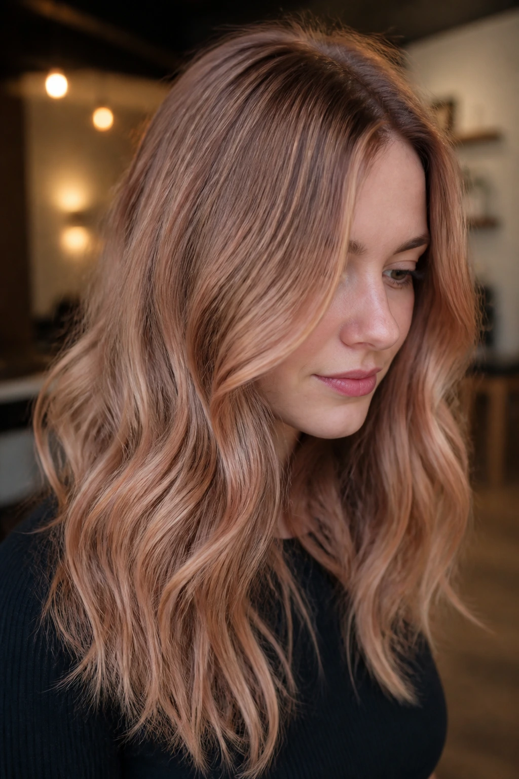 Close-up of smoky strawberry blonde on a real person with beige-brown depth