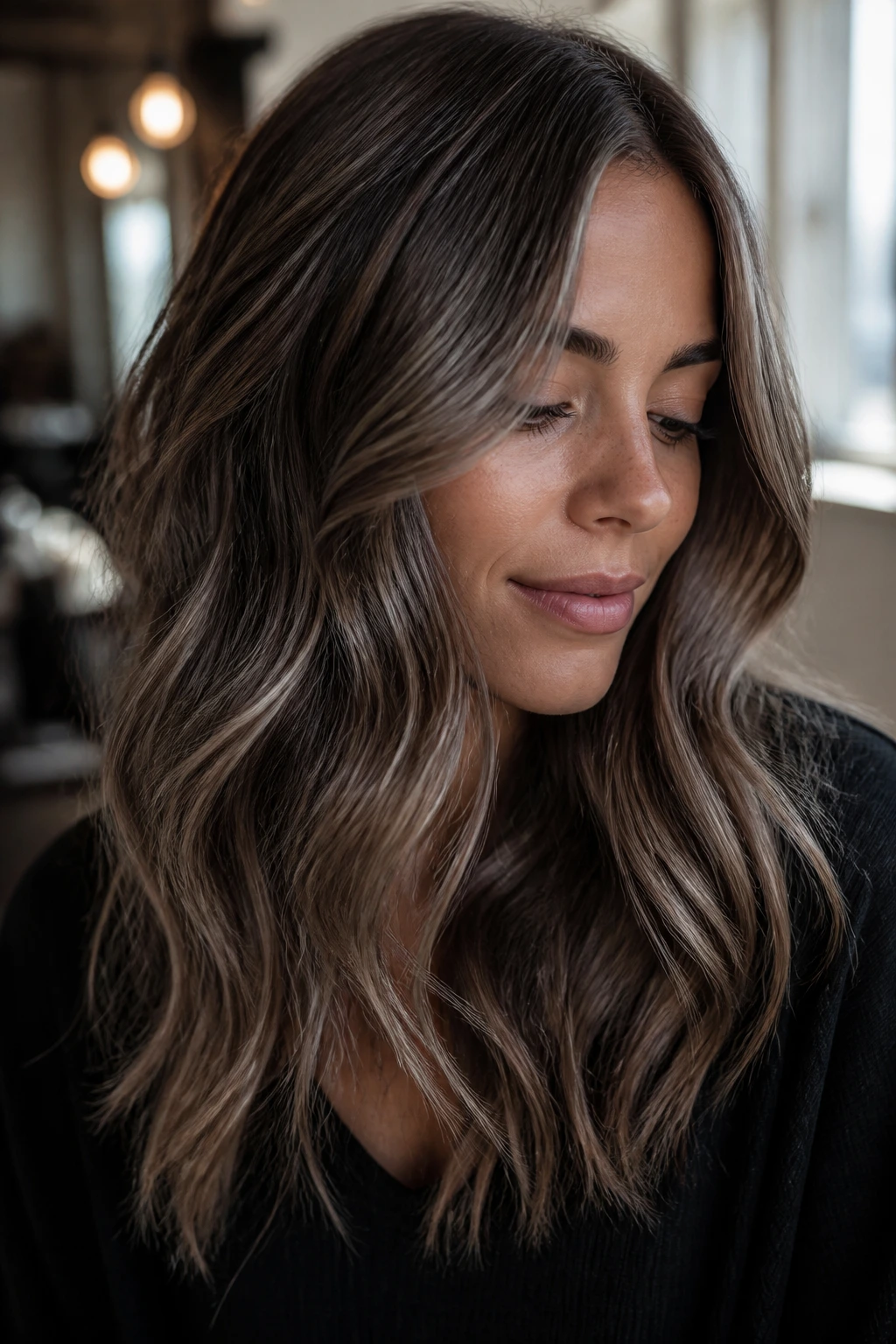 Close-up of a real person with smoky taupe balayage on wavy hair