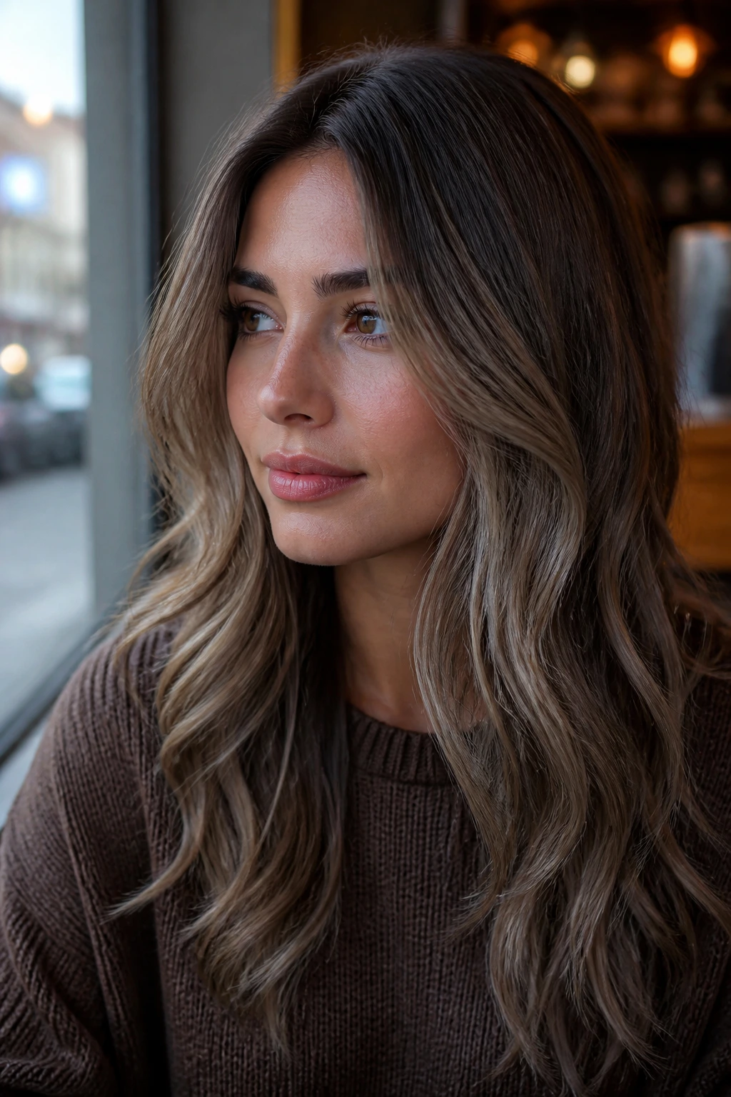 Close-up portrait of a woman with smoky taupe brunette hair