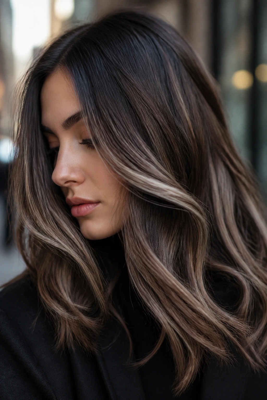 Close-up of real brunette with smoky taupe dimension in cool-toned hair