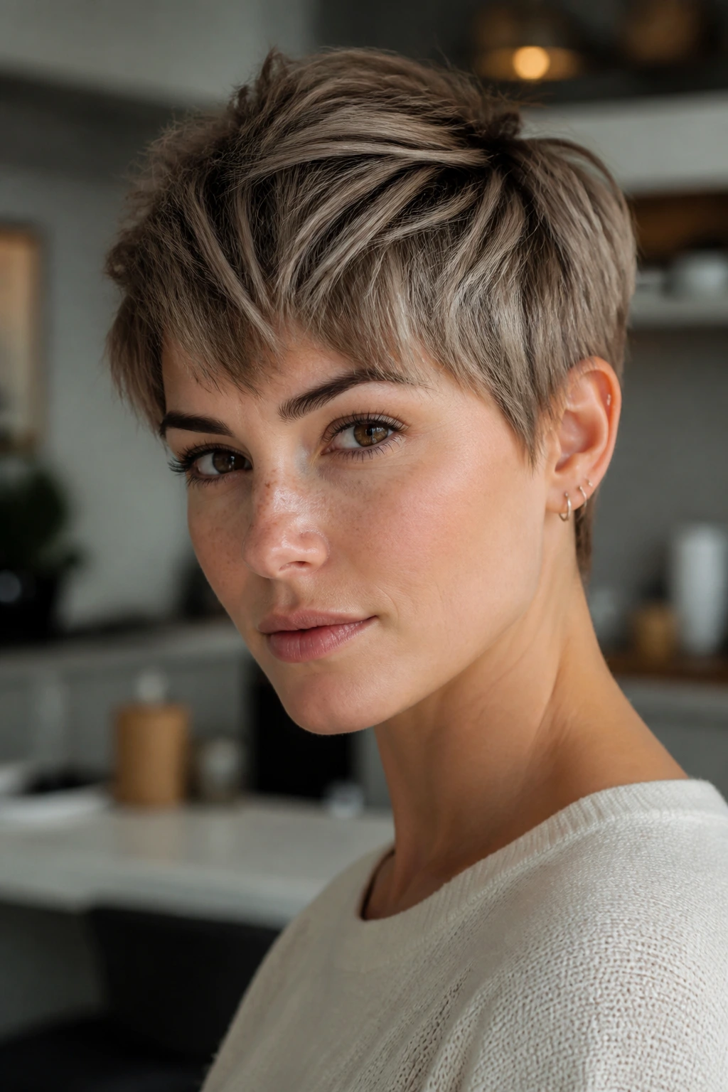 Close-up of a real person with smoky taupe crop in ash-beige tones