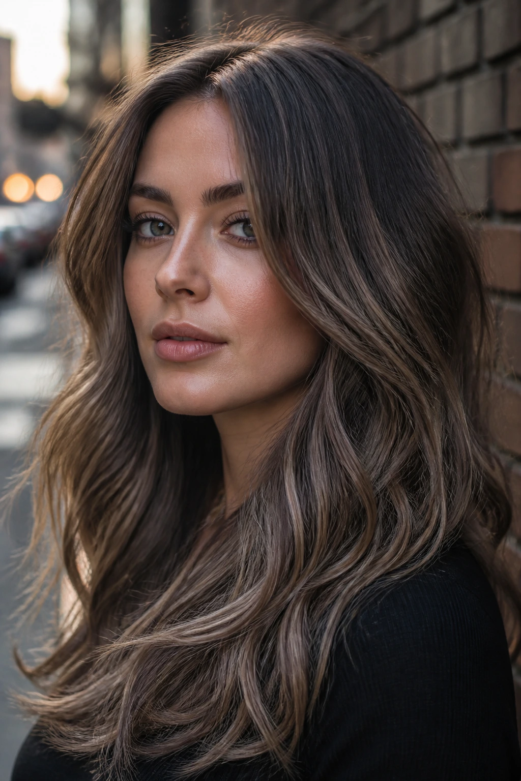 Close-up of brunette with smoky taupe dimension