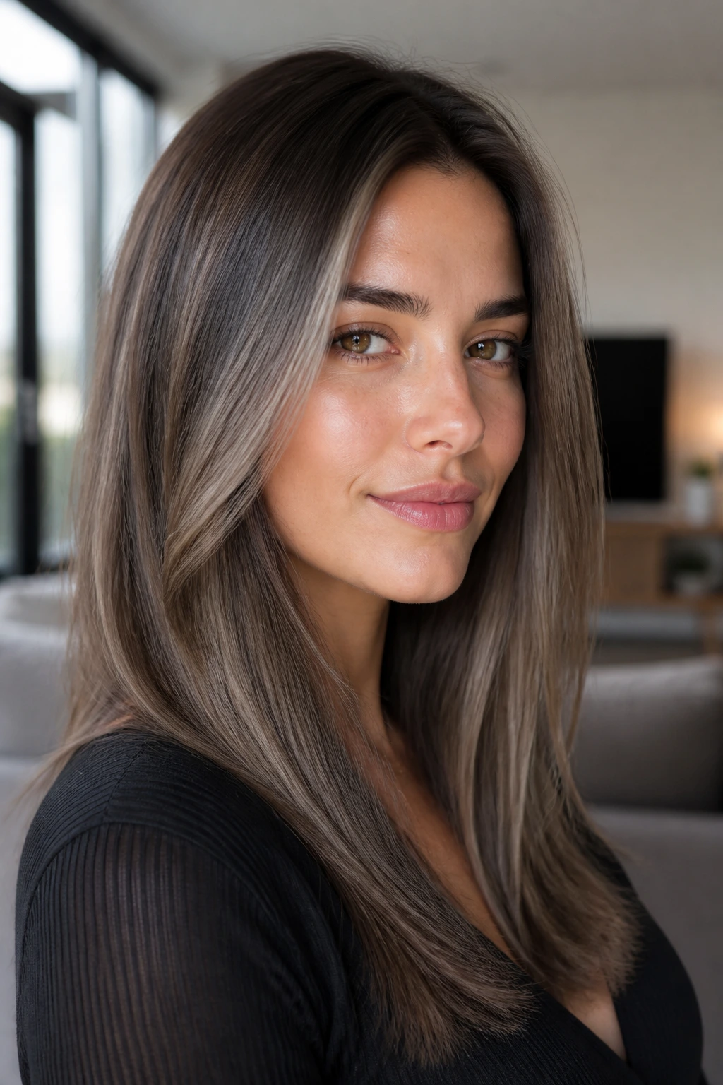 Close-up of a real woman with ash brown hair and smoky taupe highlights