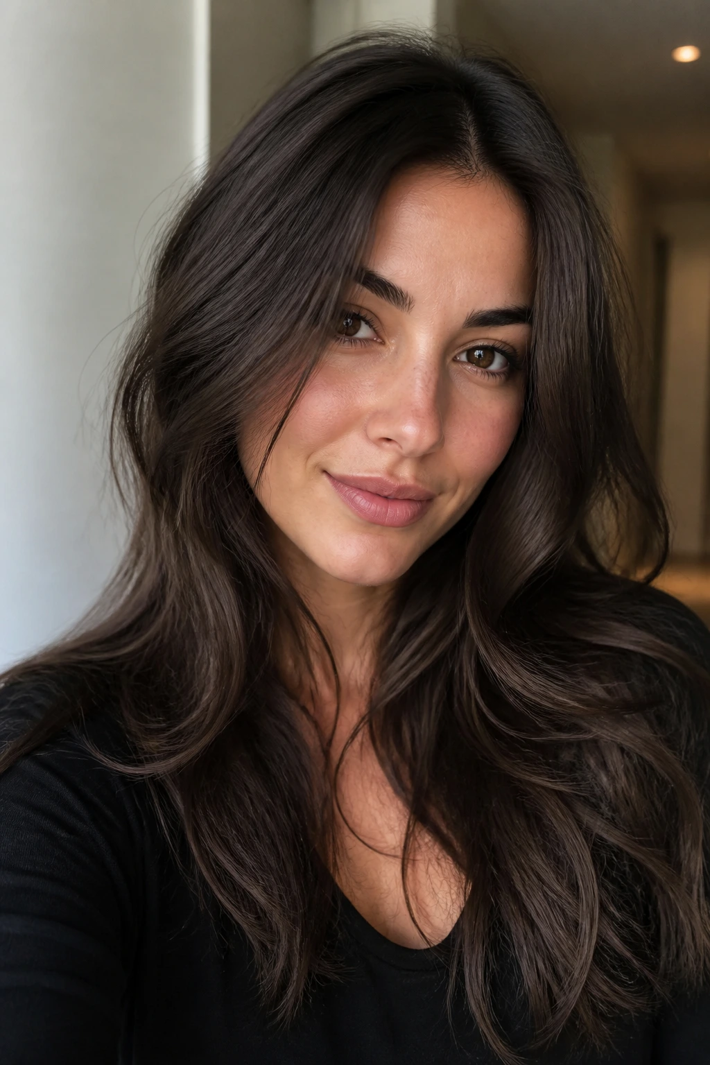 Close-up of a real woman with smoky walnut brunette, cool undertone and soft shadowy finish