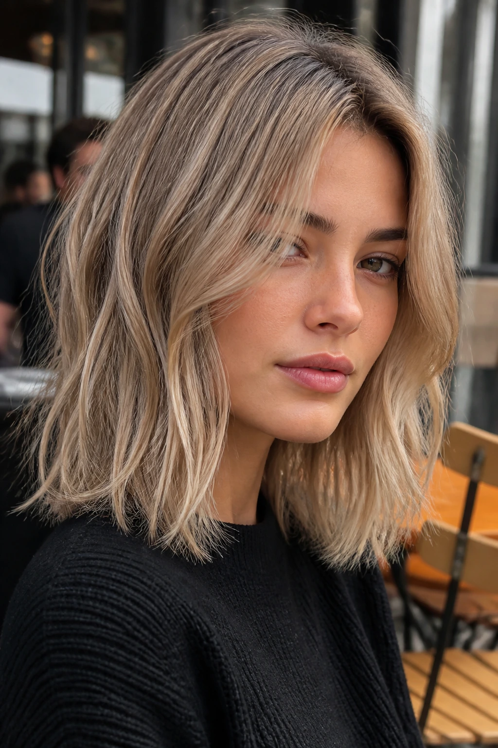 Portrait of a real woman with shoulder-length smoky wheat blonde and ash warmth