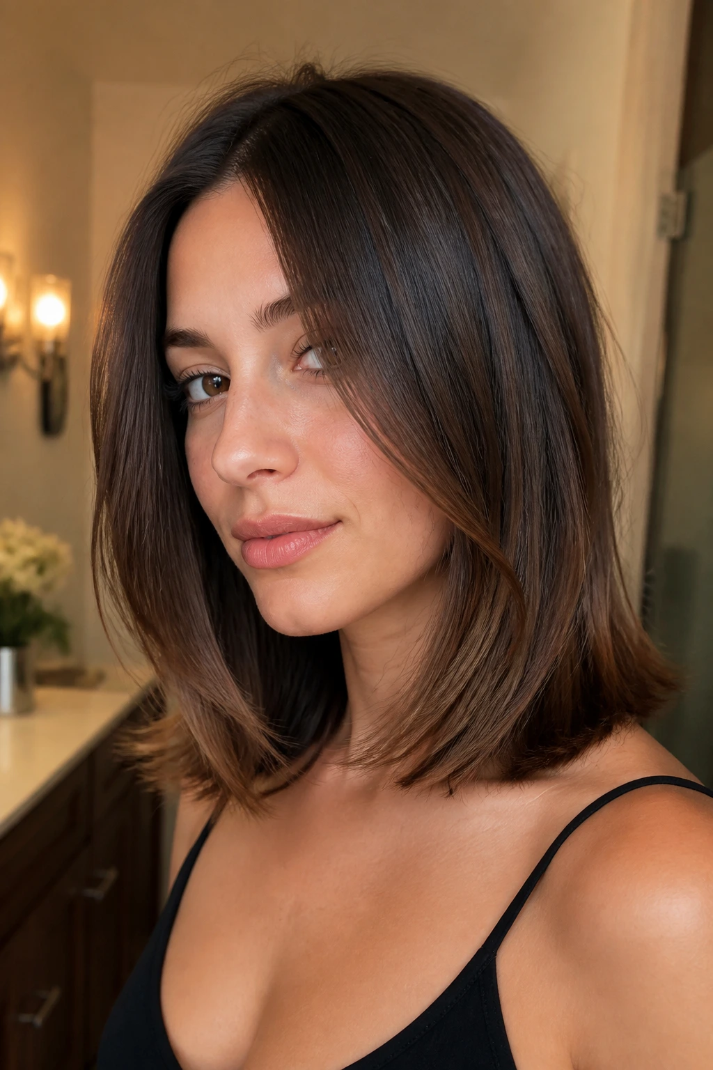 Close-up of a real woman's Smooth Blowout Lob with glossy ends