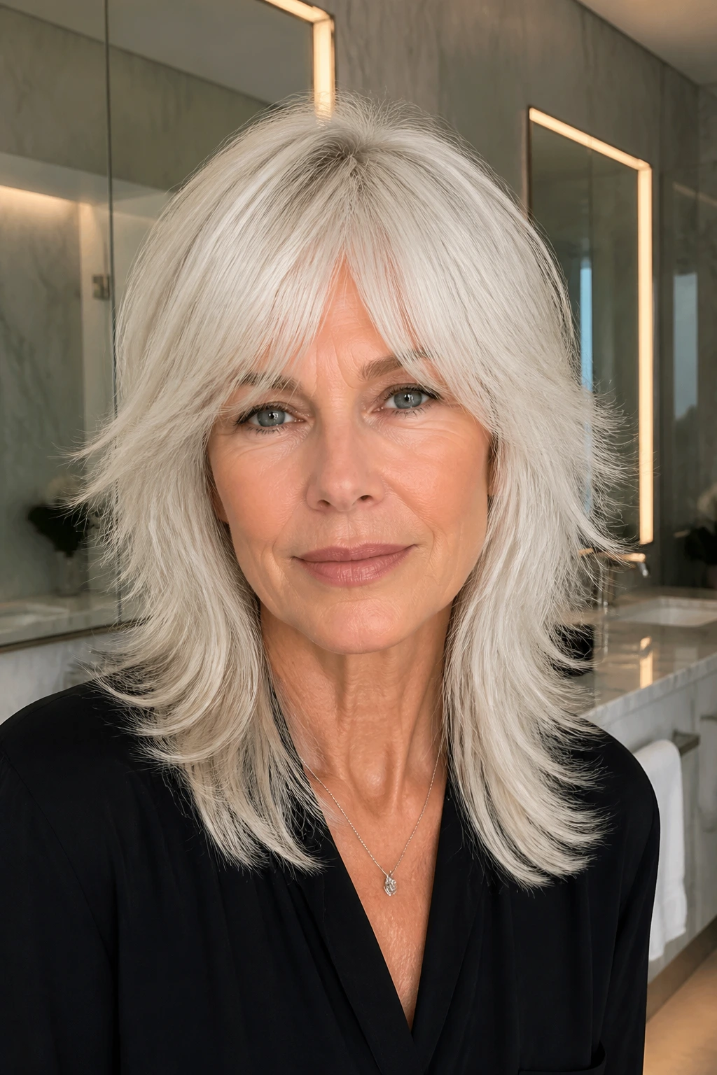 Close-up of a real woman with a smooth blowout wolf cut and platinum shine.