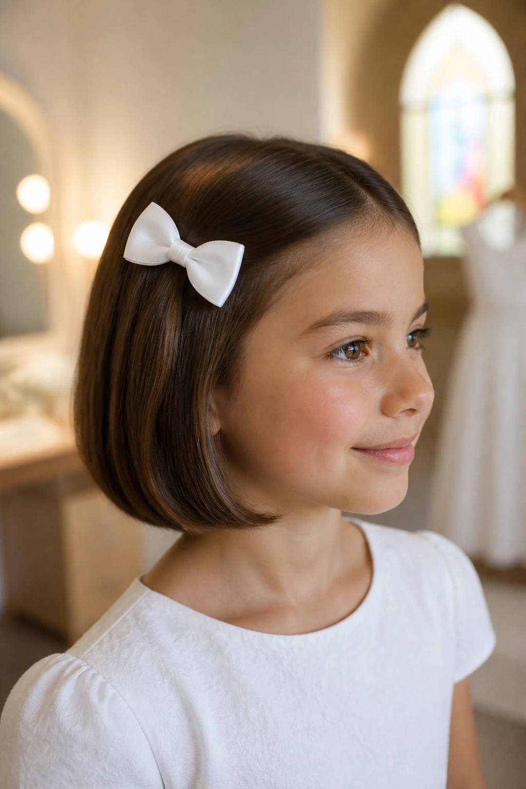 Close-up of a child with a smooth bob and satin bow barrette