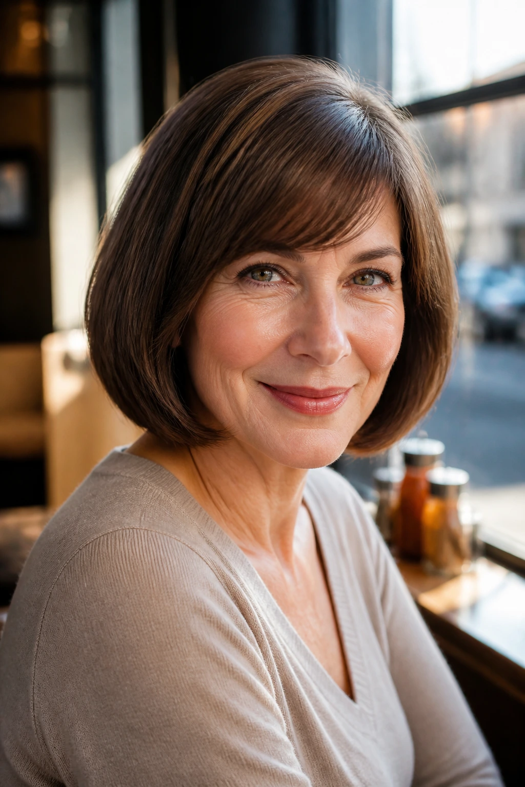Close-up portrait of a real woman with a smooth C-curl bob and soft sweep fringe in sunlit cafe