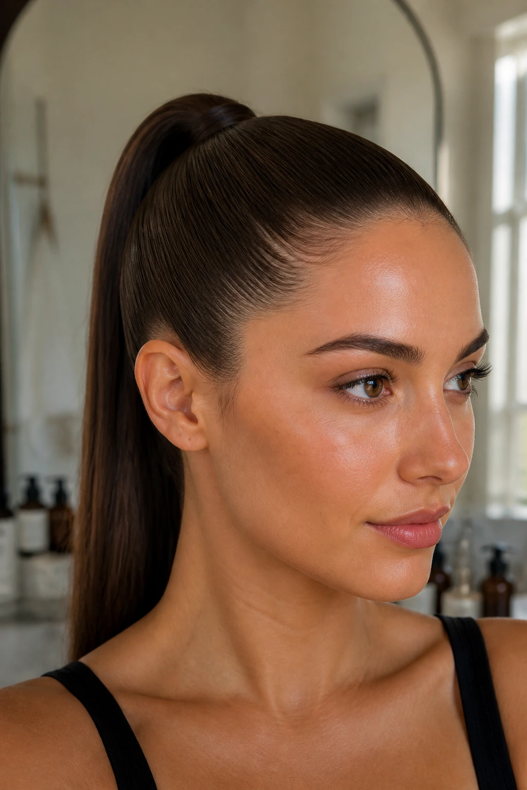 Close-up portrait of a real woman with a smooth crown and flat high ponytail under natural window light