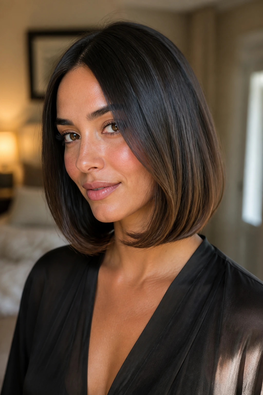 Close-up of a woman with a smooth lob and C-shaped bend in natural light