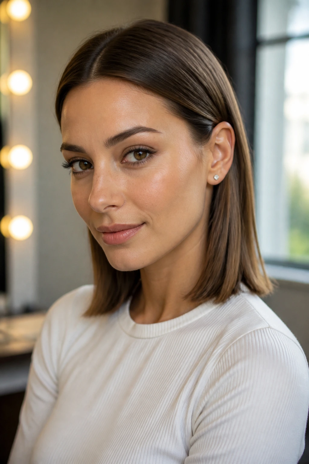 Close-up of a woman with smooth hair tucked behind both ears