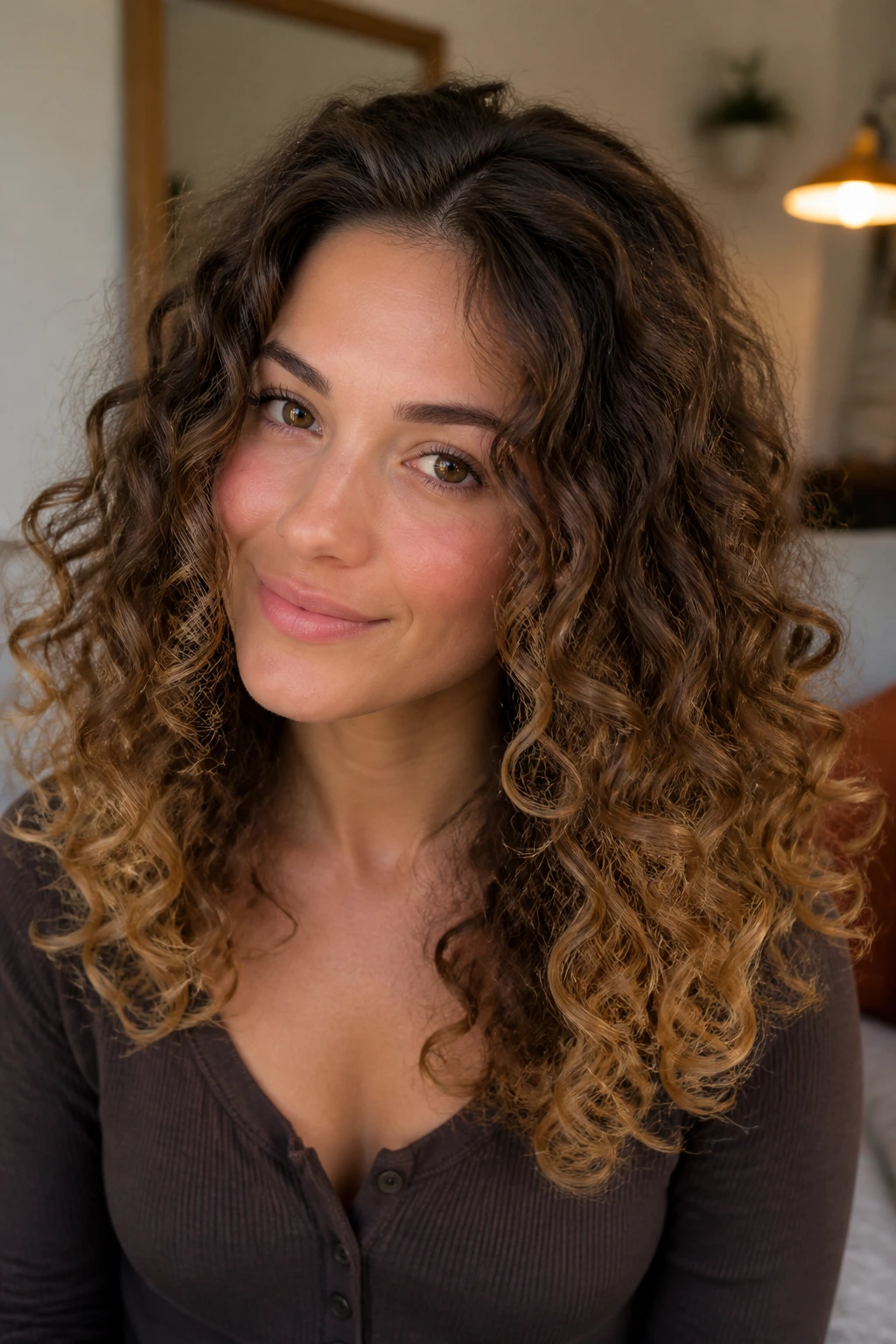 Close-up of curly hair with smudged dark roots and lighter tips on a real person