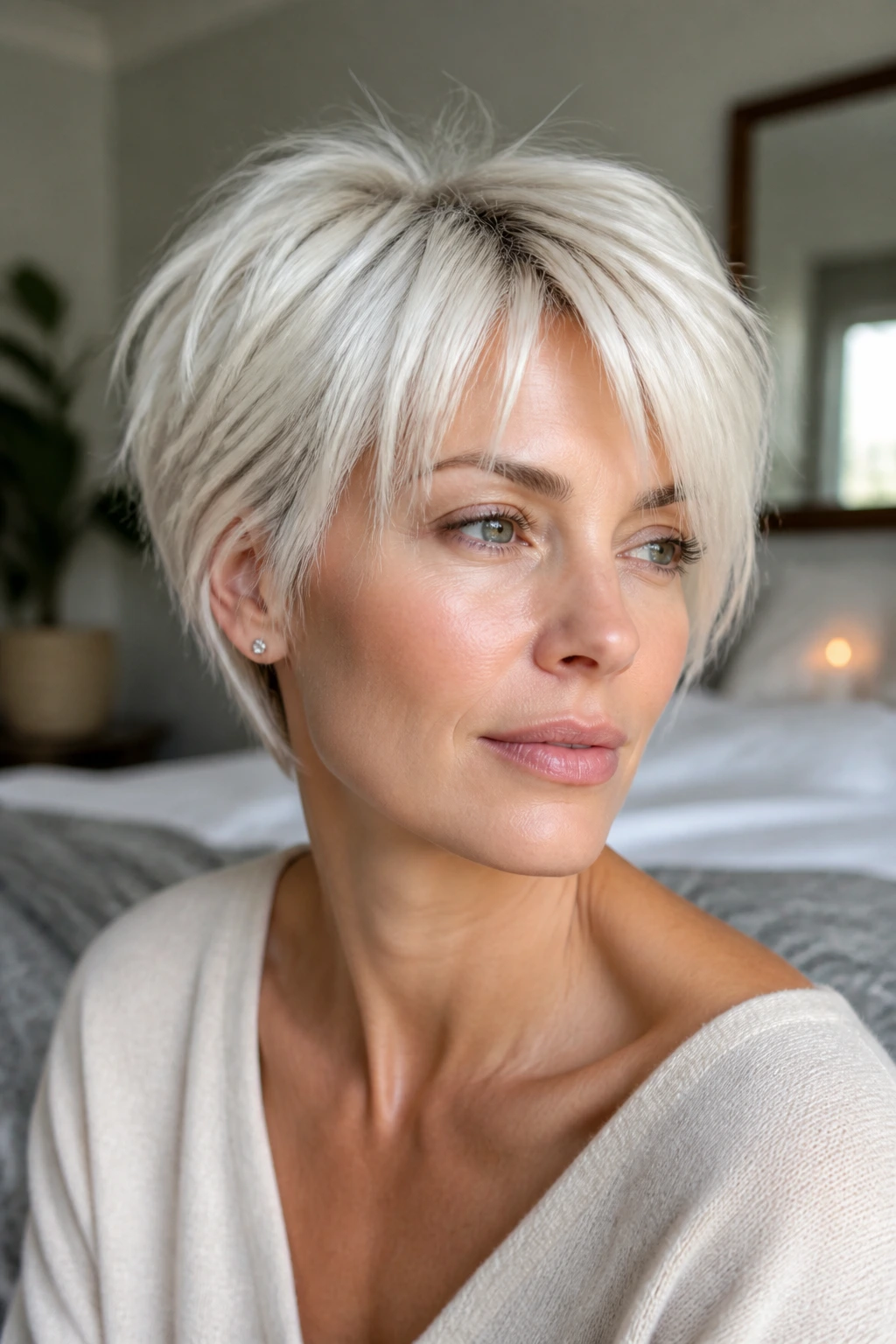Close-up of a real woman with snow blonde cropped layers and subtle root smudge in window light