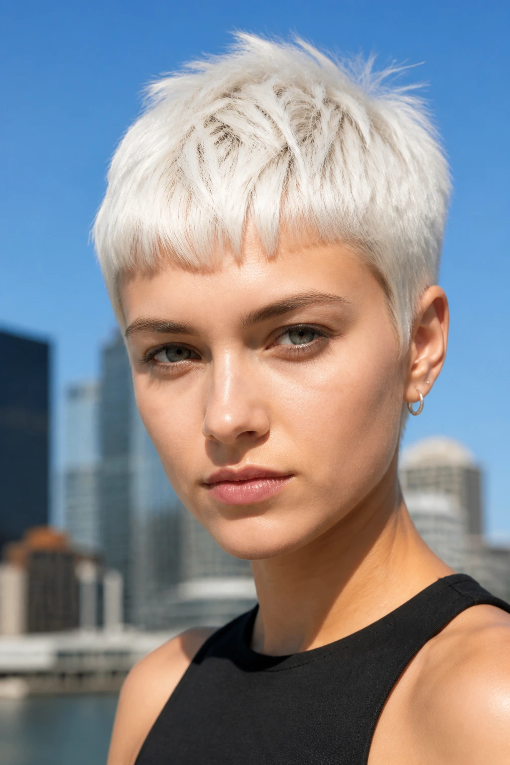 Portrait of a person with snow-white platinum crop in outdoor daylight