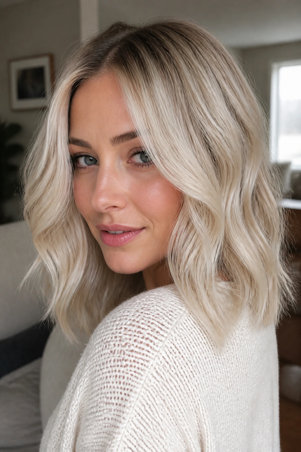 Close-up portrait of a real woman with snowy champagne blonde hair in a cozy living room