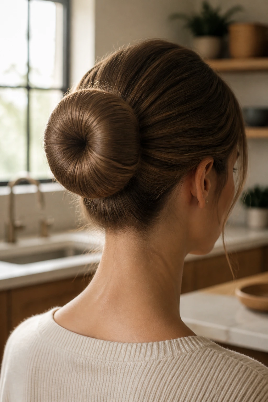 Back view of a real woman with a rounded sock bun at the back of the head.