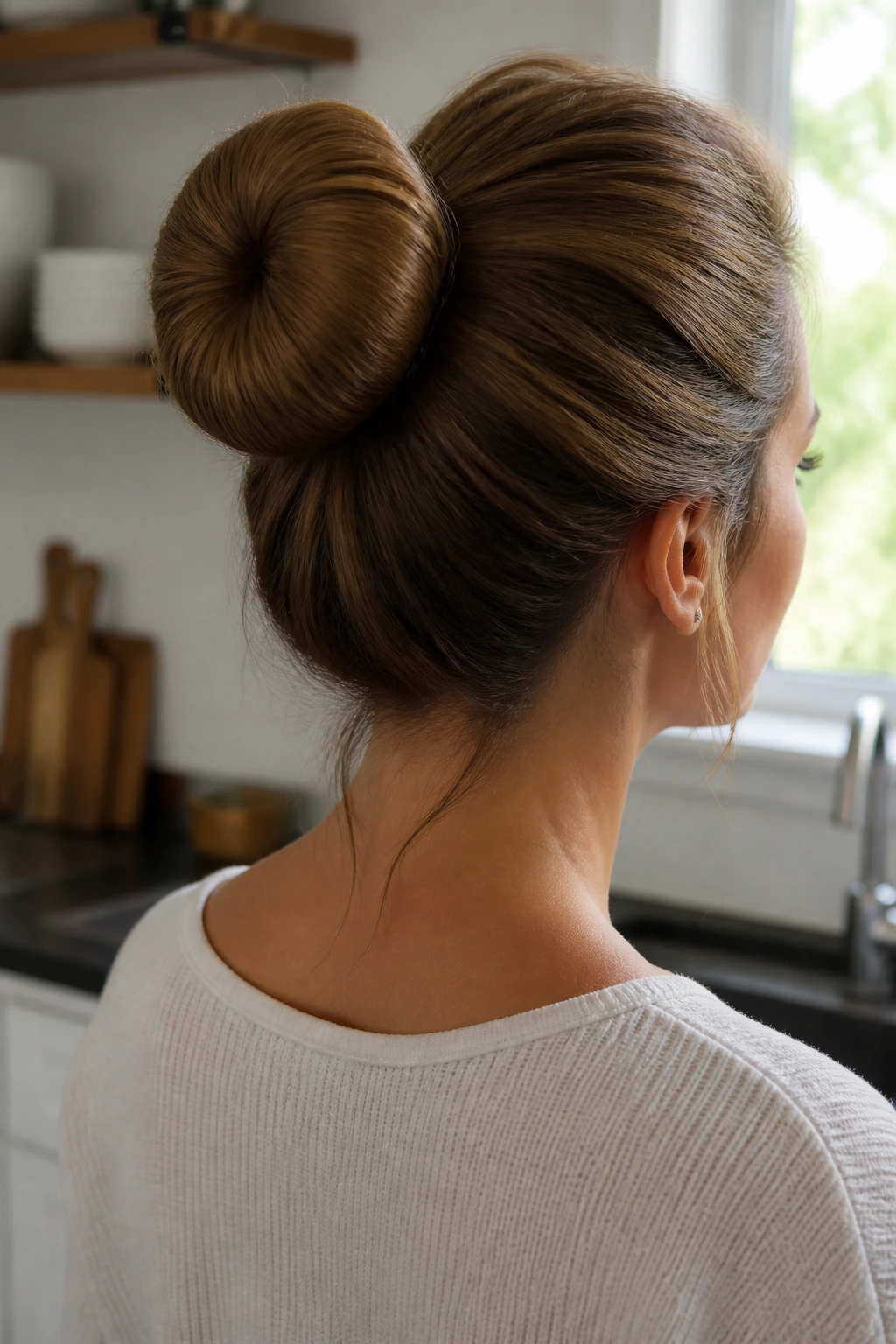 Rear three-quarter view of a real woman with a sock bun