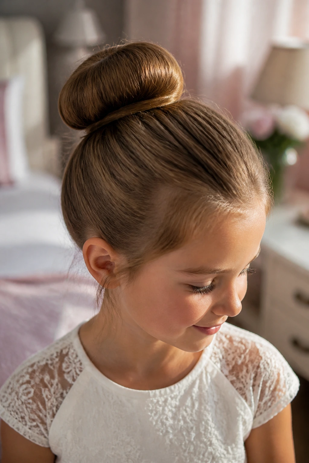 Close-up of real child with a round sock bun at the crown