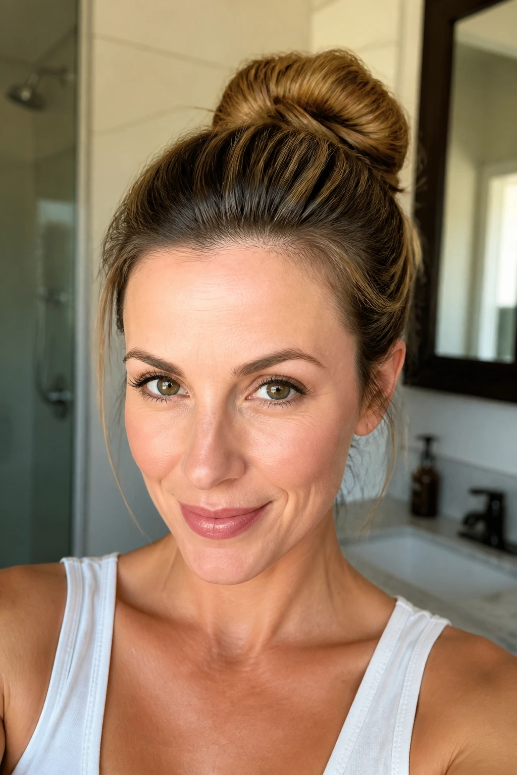 Close-up of a real person with a sock bun for mid-length hair in daylight.