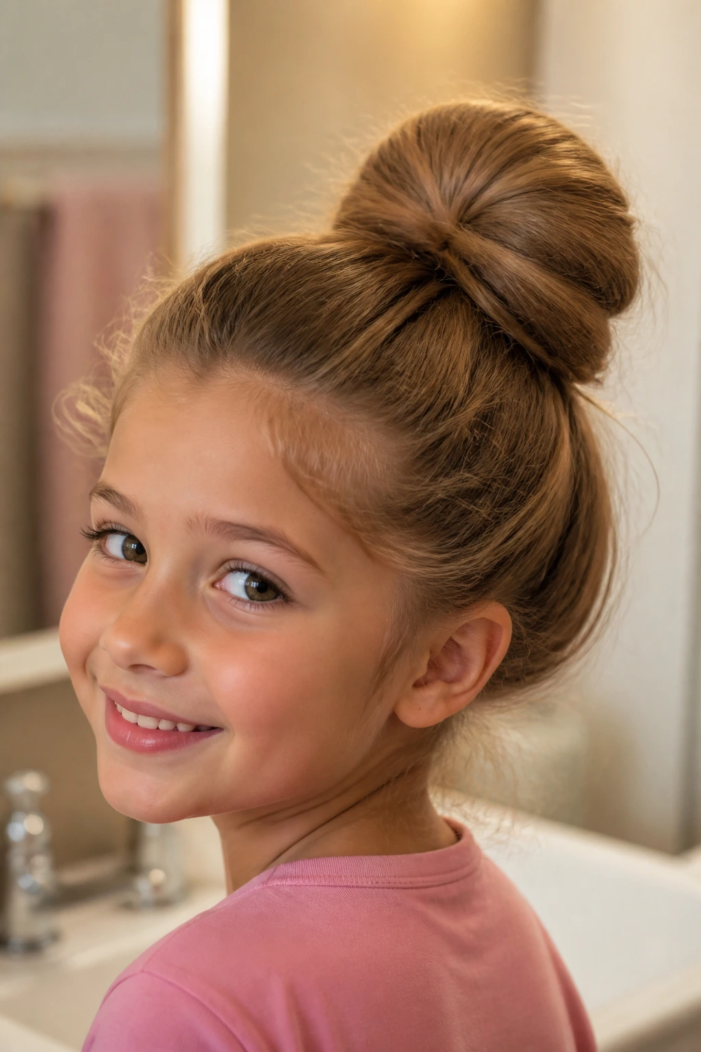 Close-up of a girl with a sock bun puff hairstyle