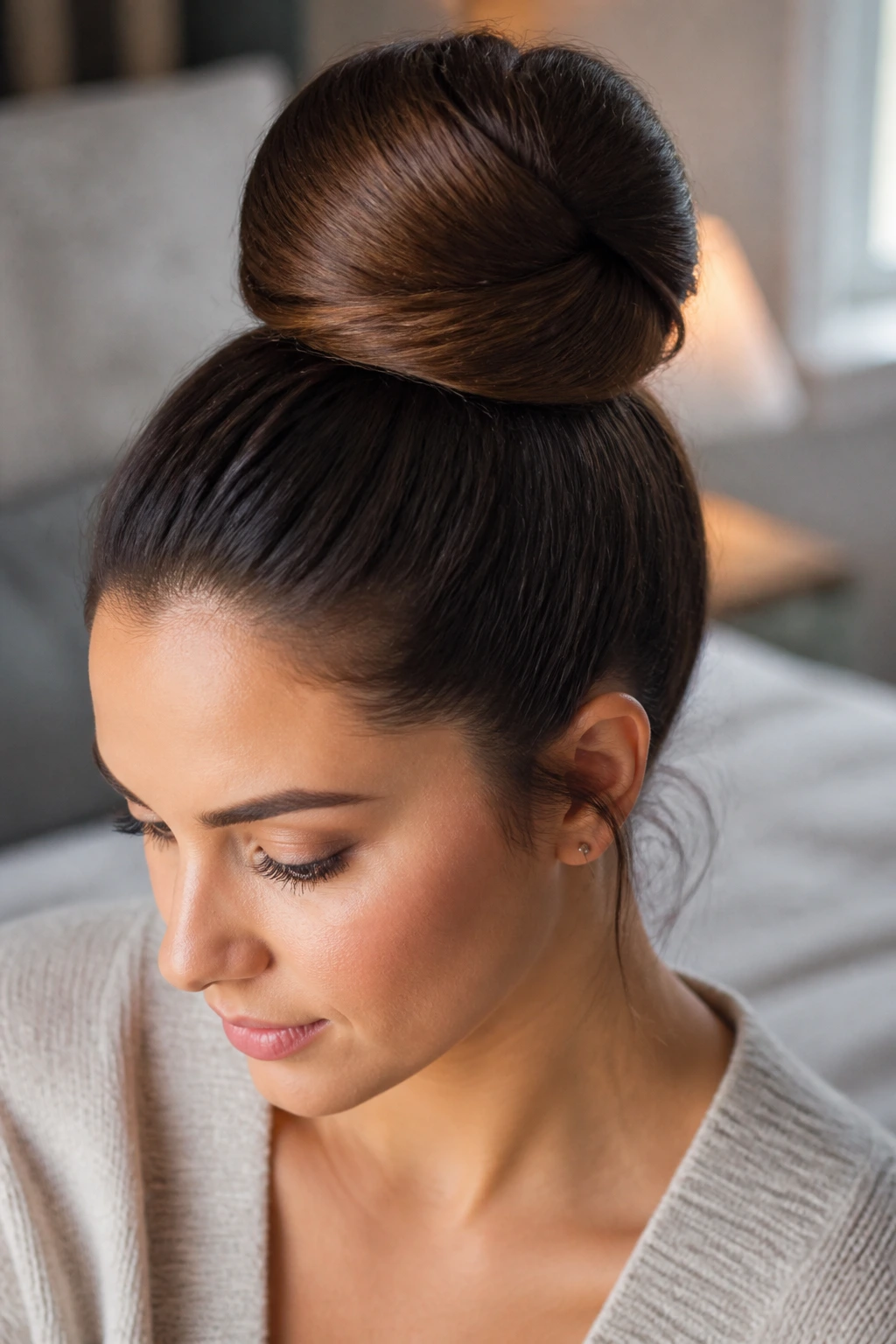 Close-up portrait of a real woman with a sock bun under warm window light.
