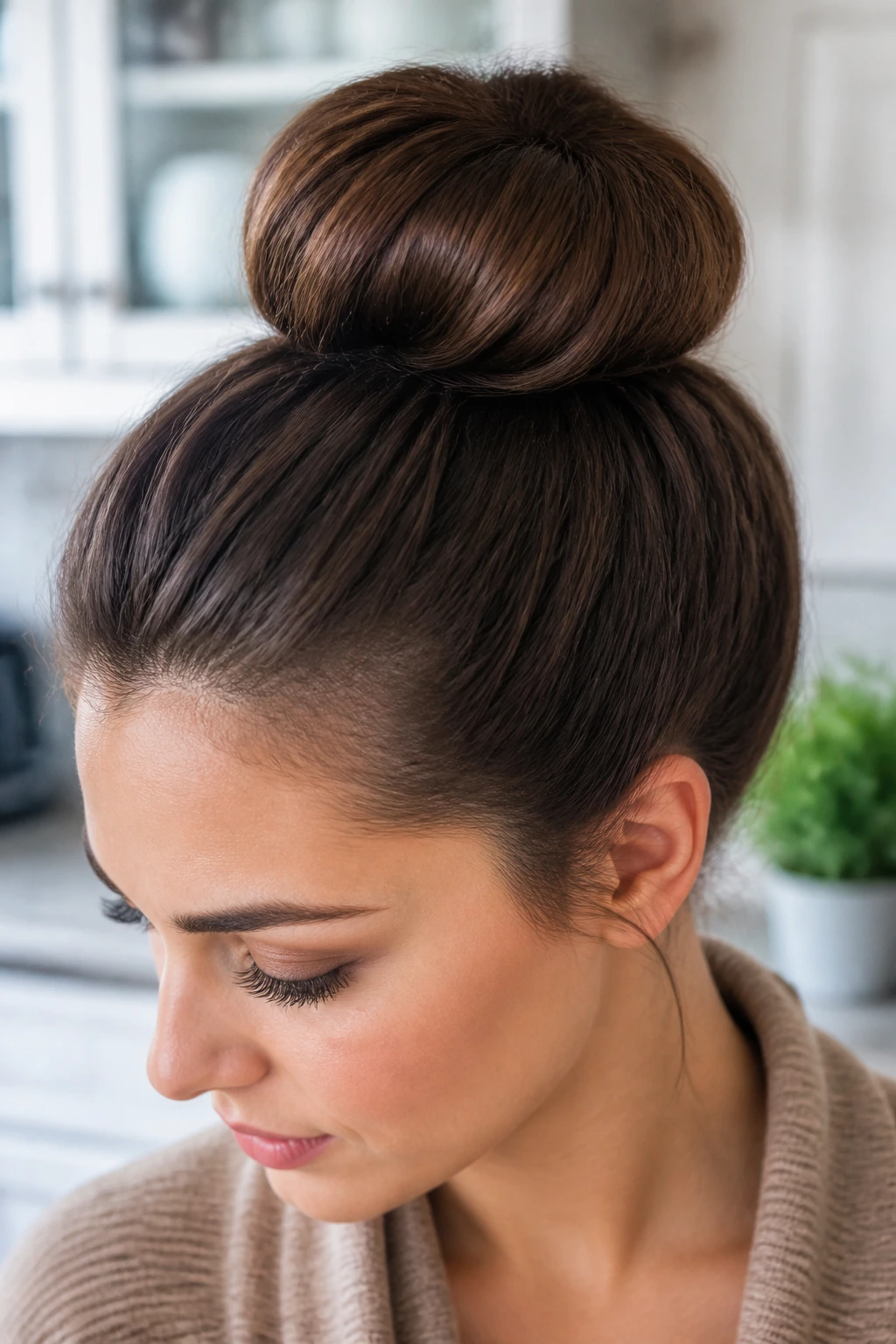 Close-up of a real woman with a neat sock bun top knot