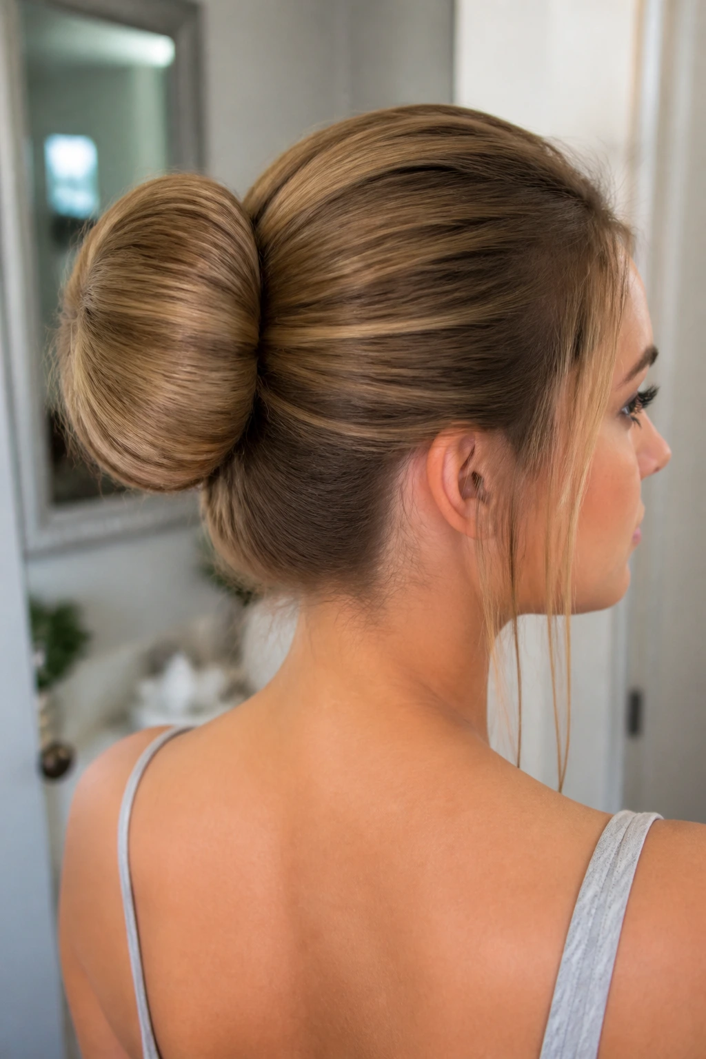 Close-up of a woman with a smooth rounded sock bun at back of head