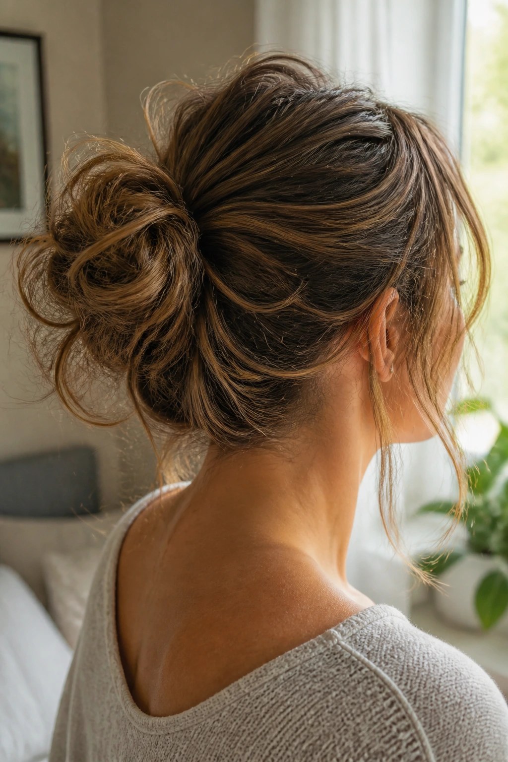 Side-back close-up of slept-in sockless bun with natural texture