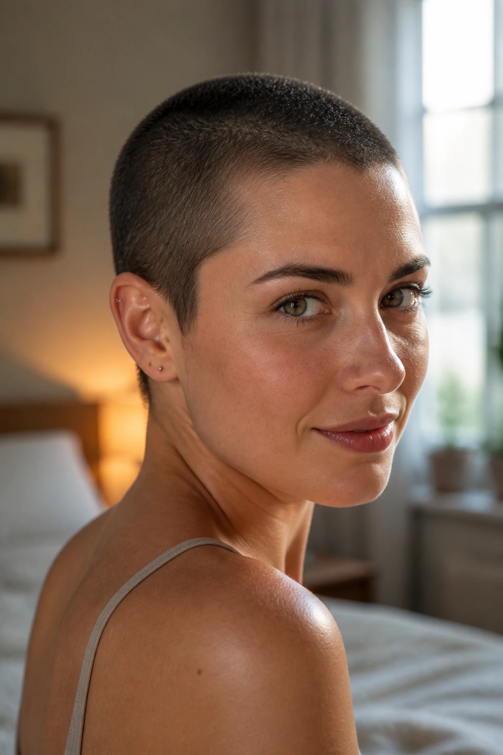 Close-up portrait of a real woman with a soft #1 velvet buzz