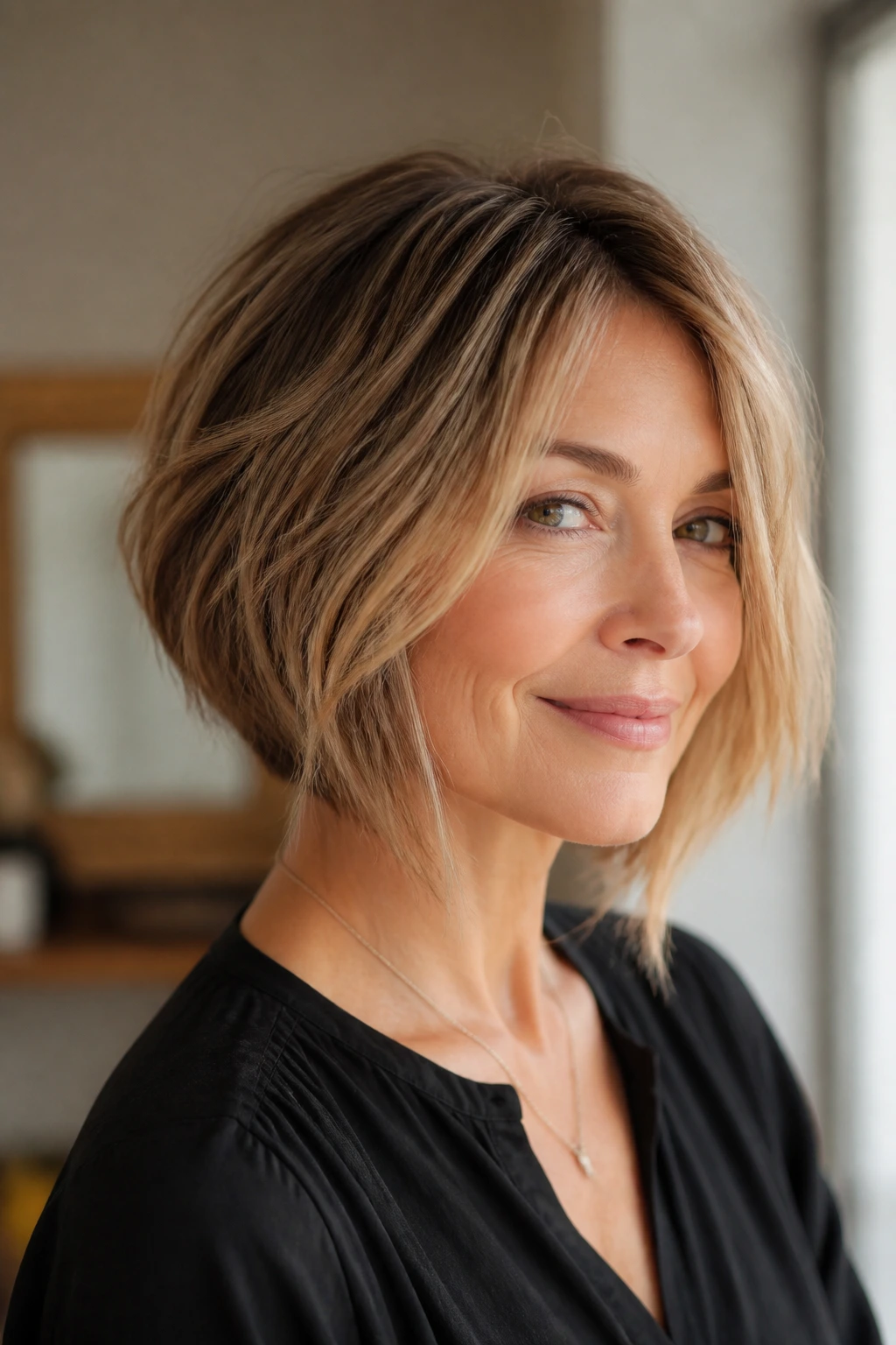 Portrait of a real woman with soft A-line choppy bob