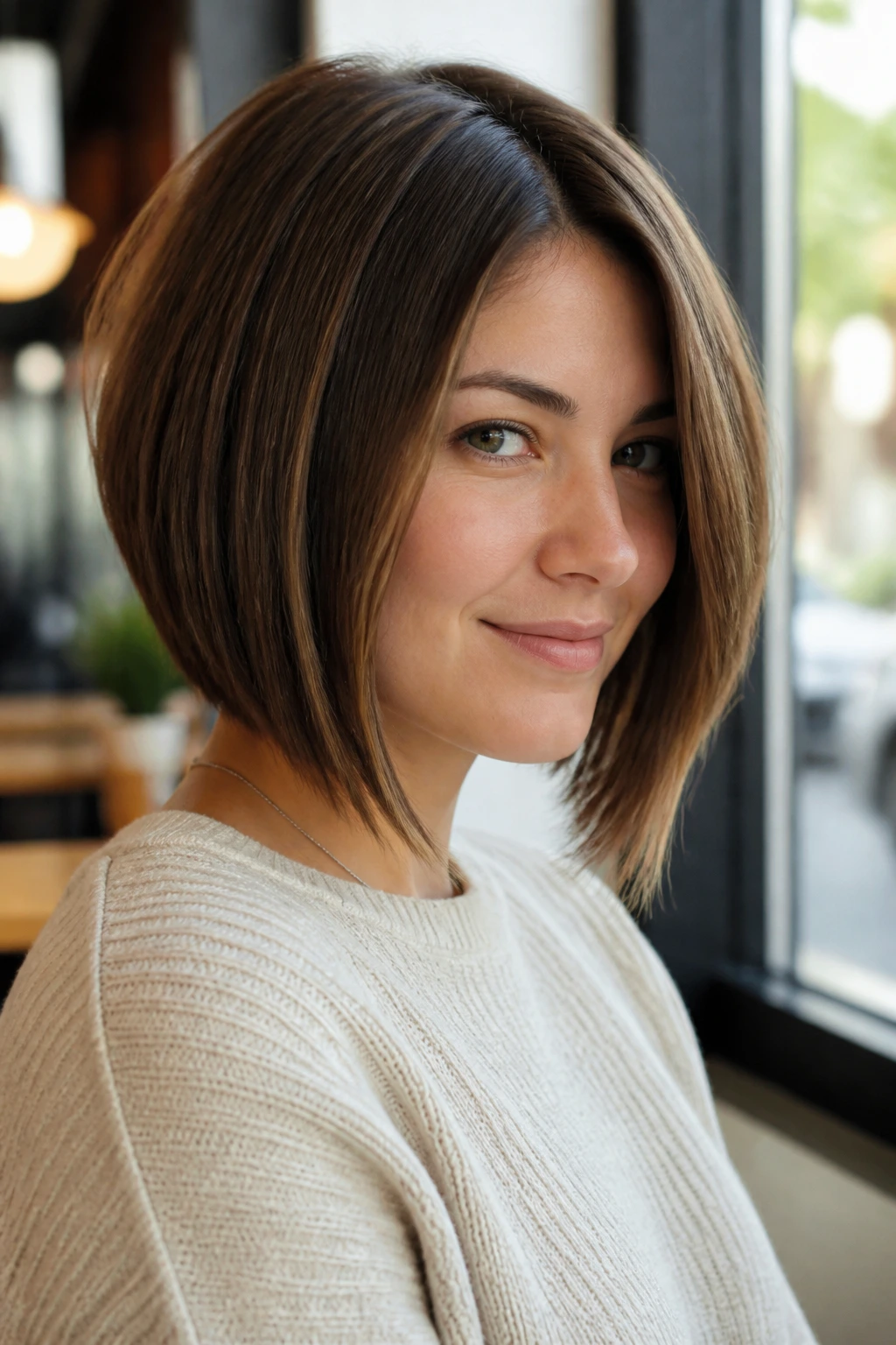 Real person with soft A-line bob showing gentle angled front