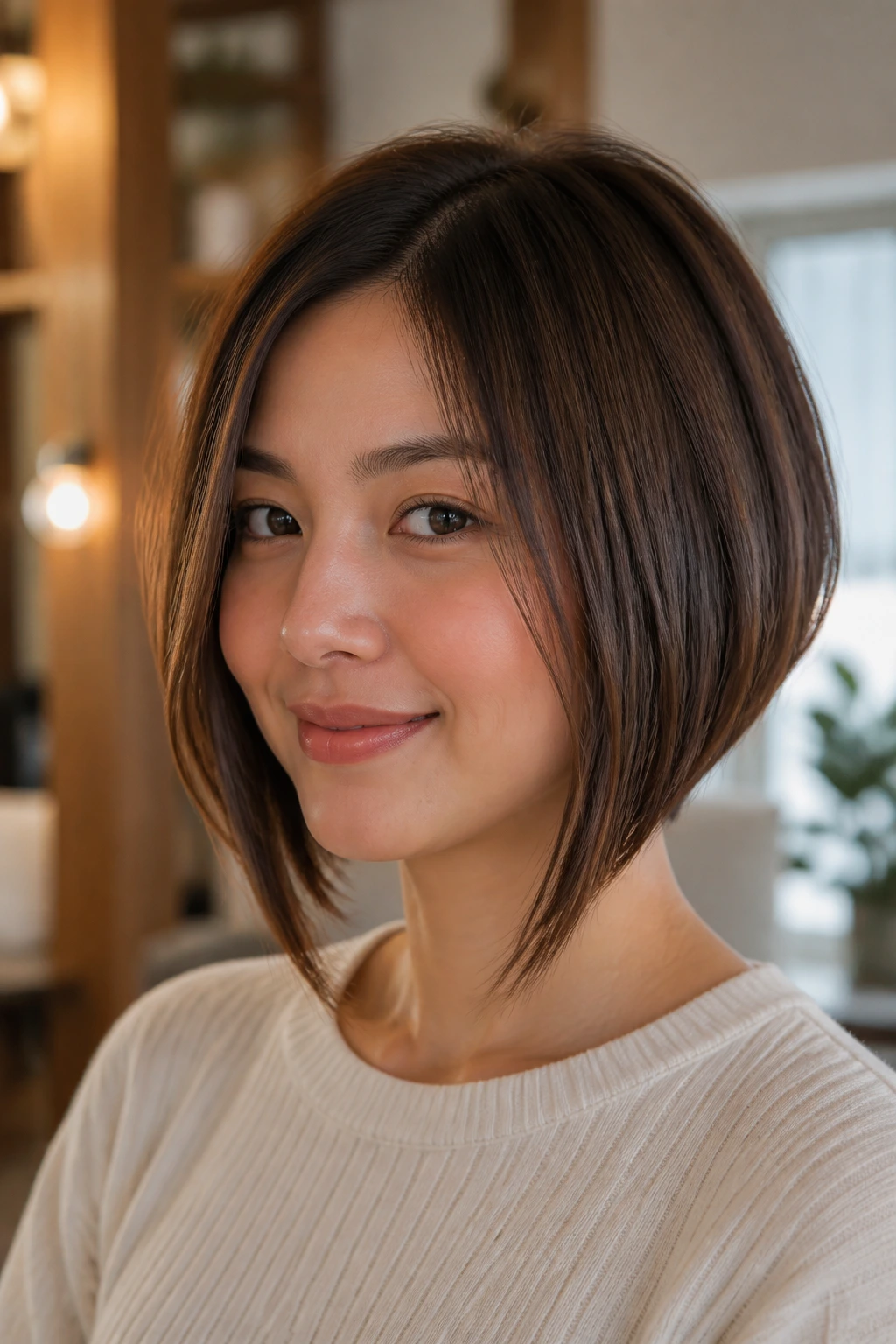 Close-up of a real person with a soft A-line bob and front face-framing pieces