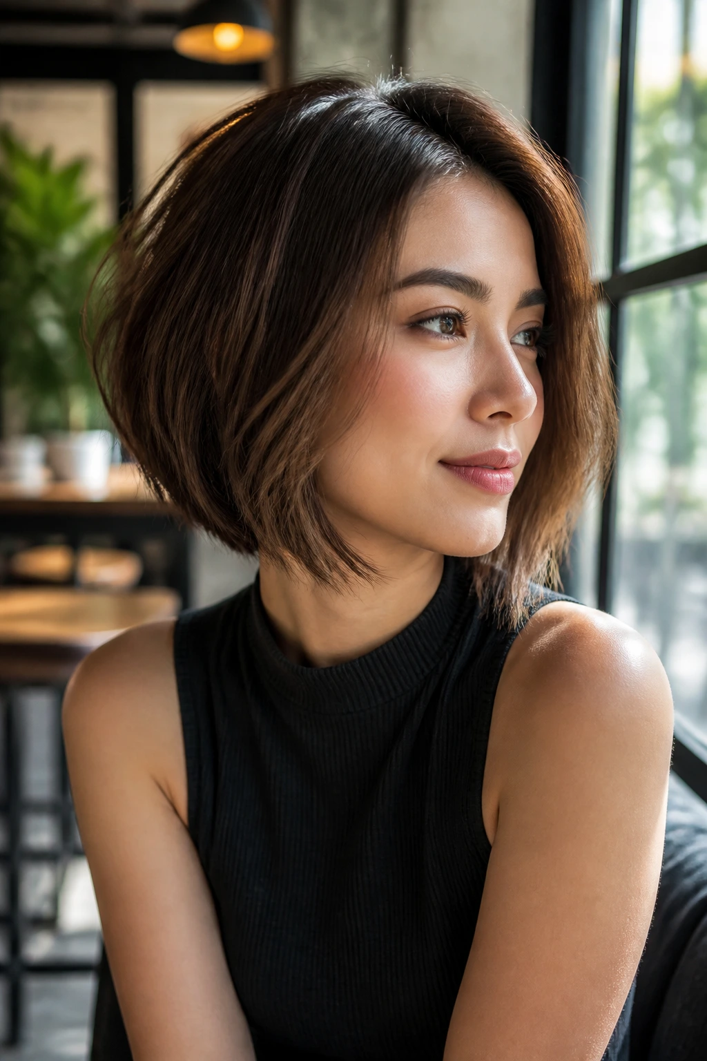 Portrait of real person with soft A-line bob framing the face