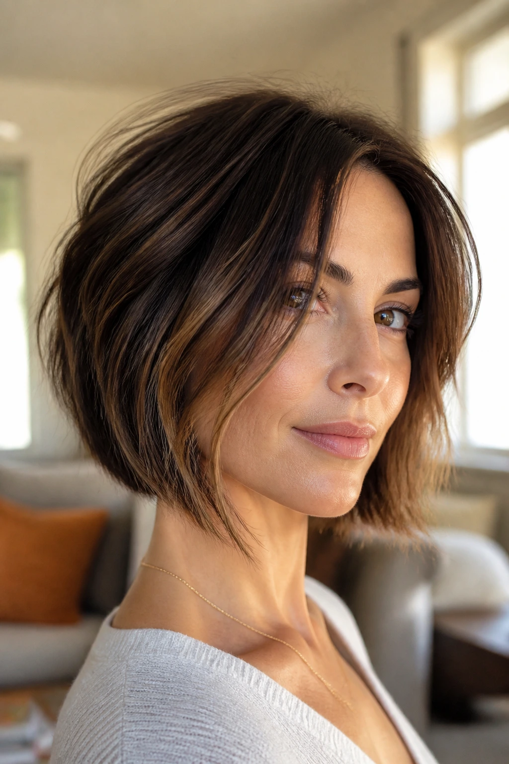 Real woman with soft A-line bob and textured front in natural daylight.
