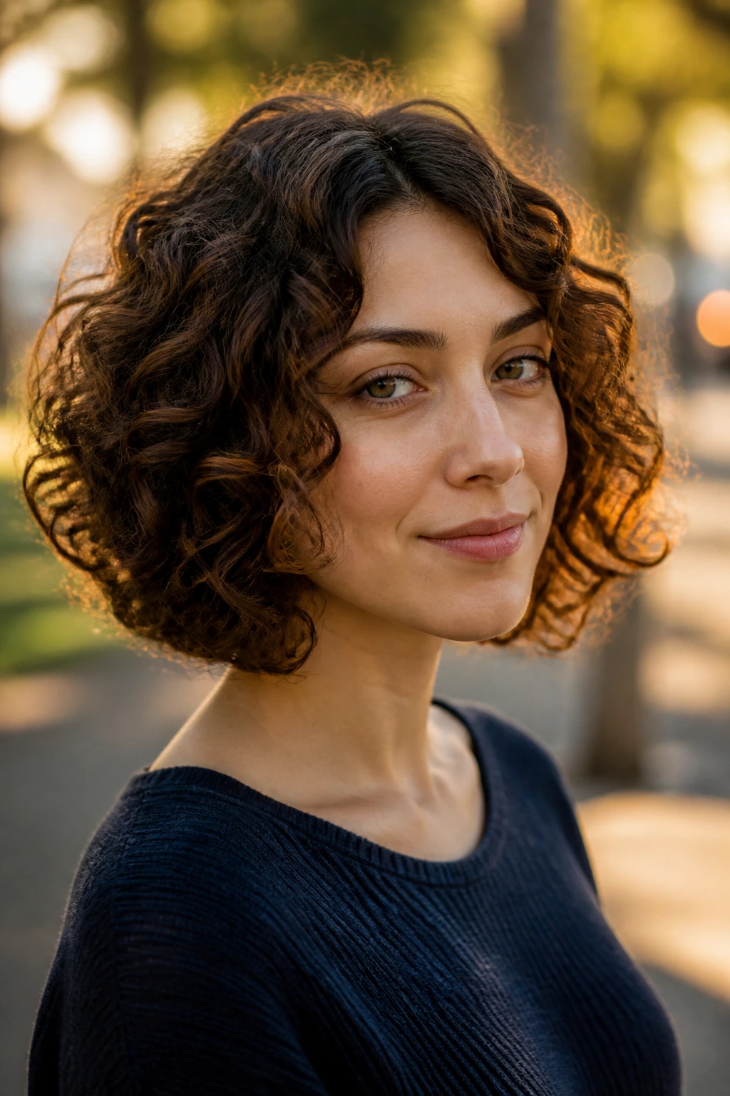 Close-up portrait of a real woman with Soft A-Line Curly Bob in golden-hour light.
