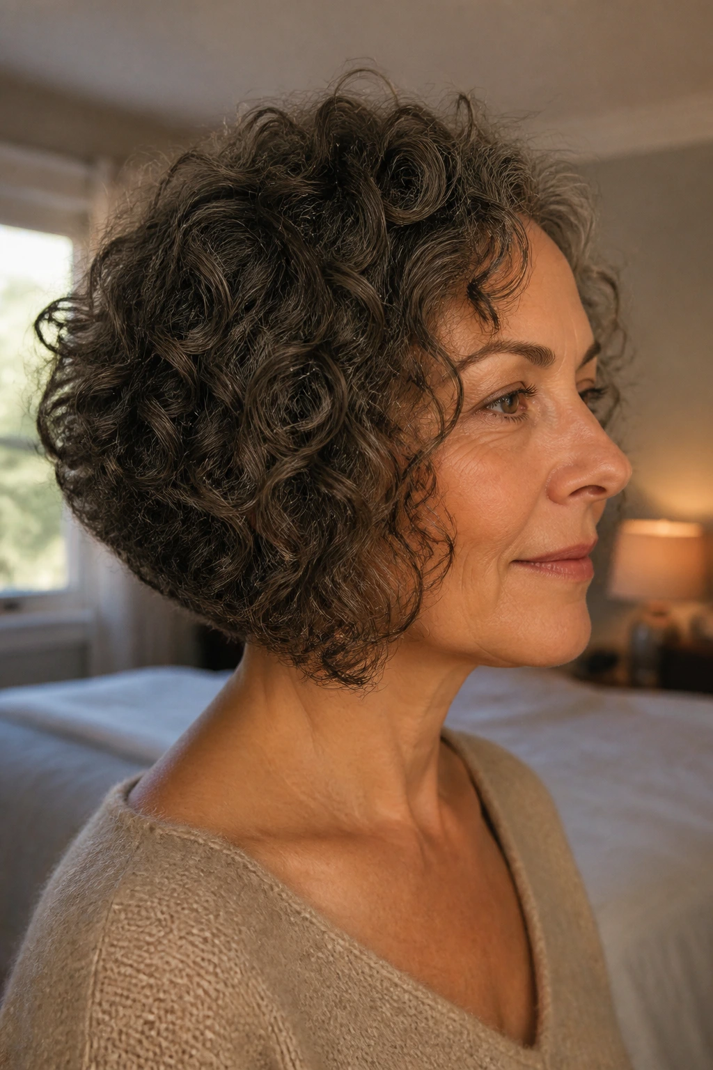 Close-up of a real woman with a soft A-Line curly bob in natural window light.