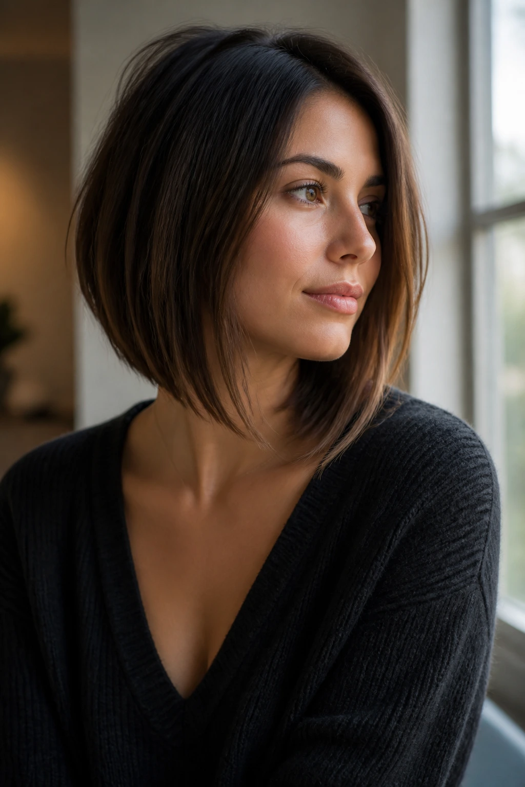 Portrait of a person with a soft A-line lob, back shorter and front longer