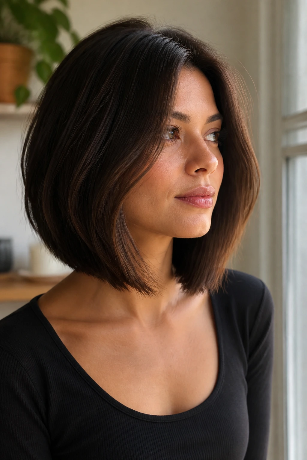 Portrait of a real person with a soft A-line lob showing front length and back lift.