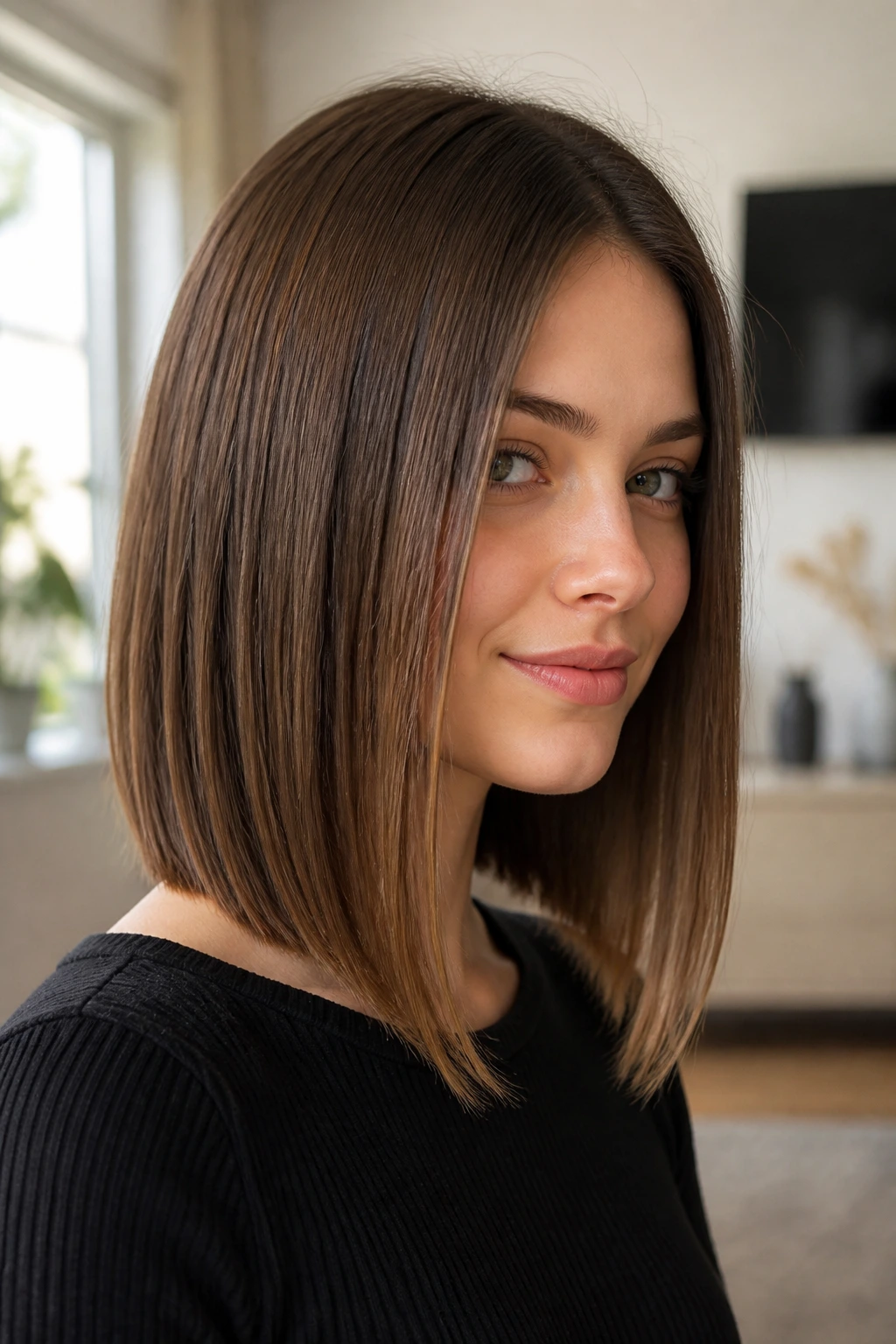 Real woman with soft A-line lob showing front length and angled back