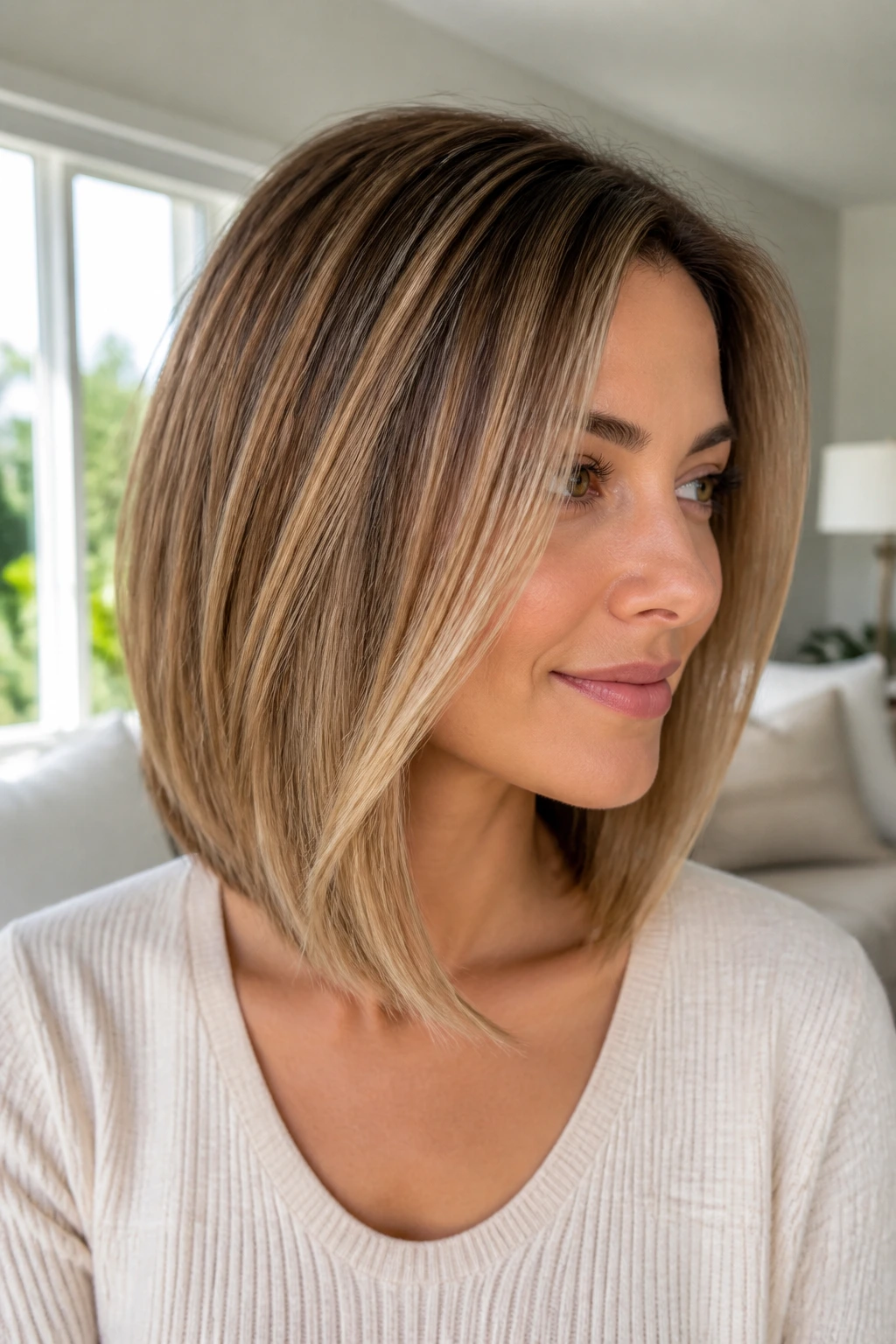 Real woman with soft A-Line lob showing front longer than back