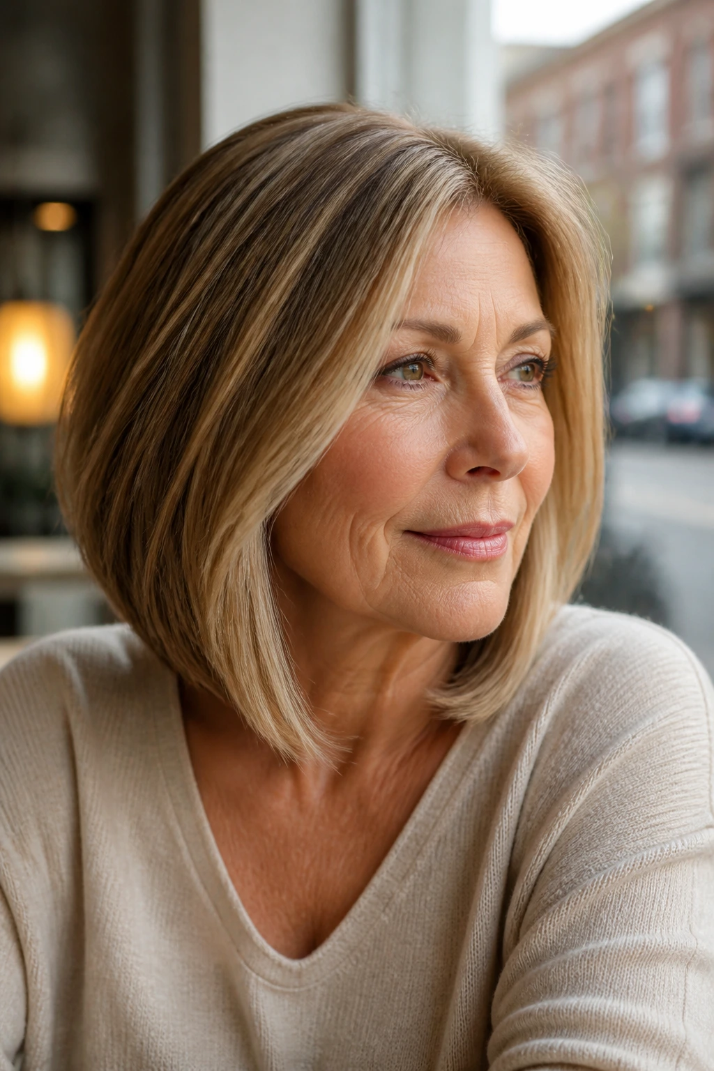 Close-up portrait of a real woman with a soft A-line lob in natural cafe light