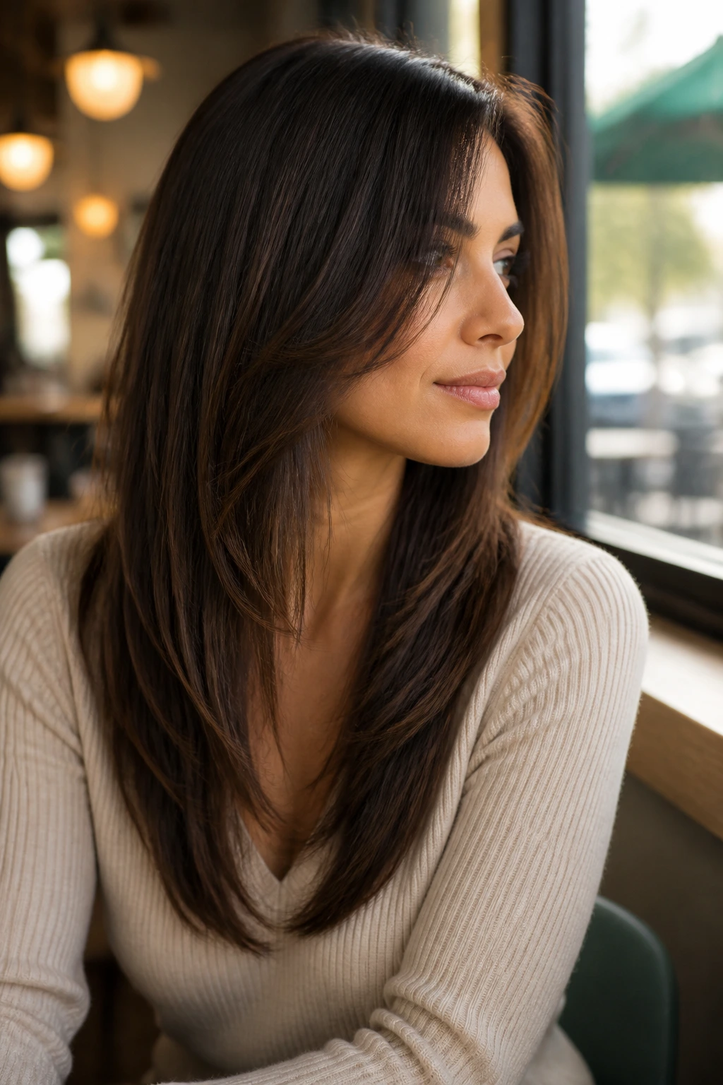 Close-up portrait of a real woman with a soft A-line long cut