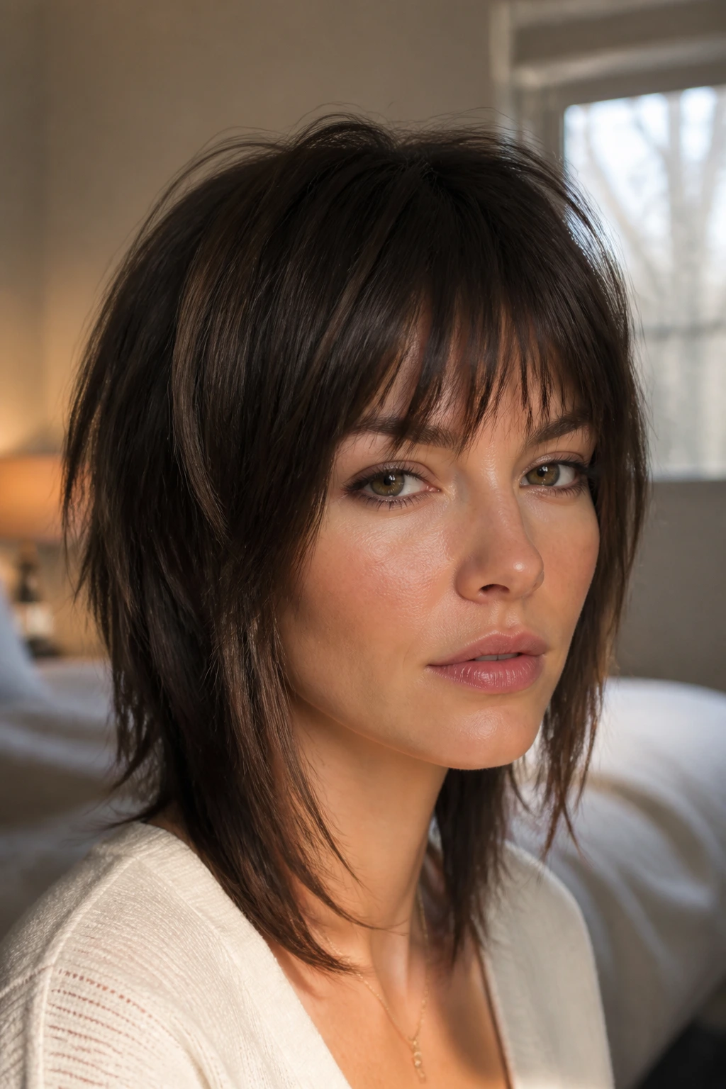 Close-up portrait of a real woman with soft A-line shag and jagged bangs under warm window light